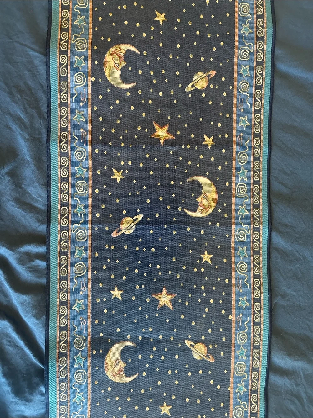 Vintage 90’s Sun and Moon Table Runner 70”x13” - Navy and Gold/Yellow